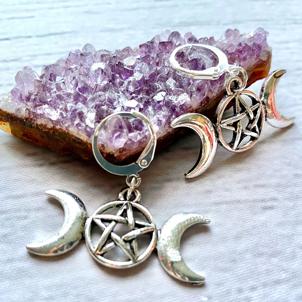 Pentagram & Triple Moon Pierced Hoop Earrings